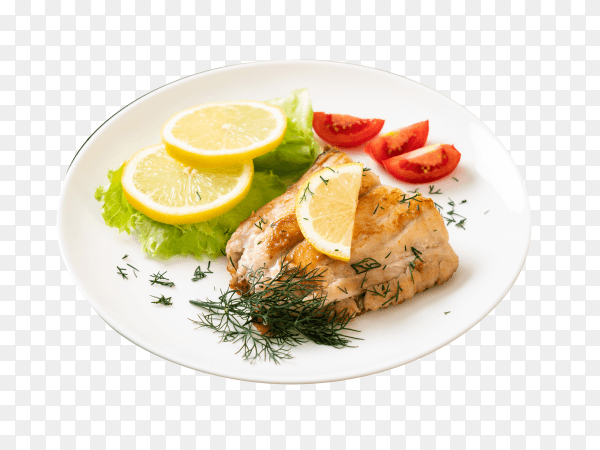 Grilled snapper fish steak with vagetable on transparent background PNG
