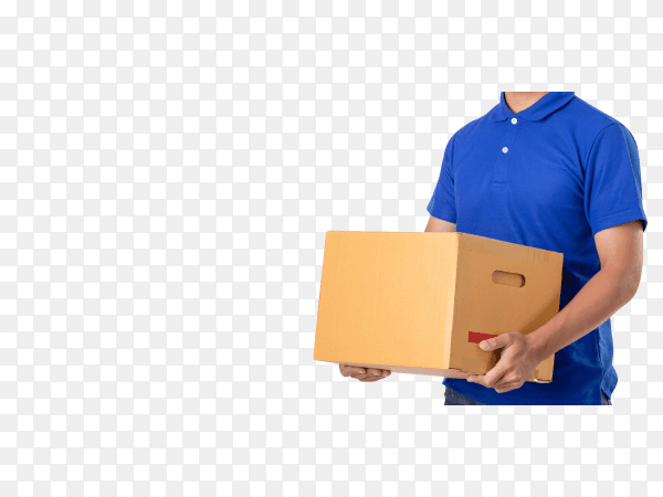 Asian delivery man carry brown parcel or cardboard boxes isolated on transparent background PNG
