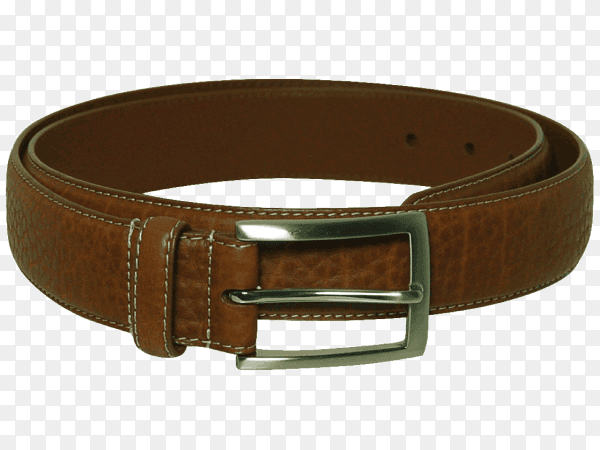 Brown leather belt with metal buckle on transparent background PNG