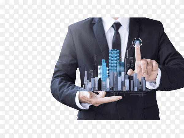 Business man create design modern building on transparent background PNG