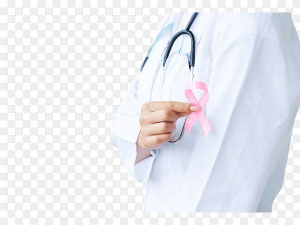 Close up of doctor showing pink ribbon symbolizing breast cancer on transparent background PNG