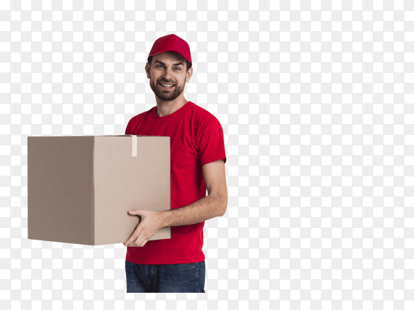 Courier man holding big delivery box on transparent background PNG