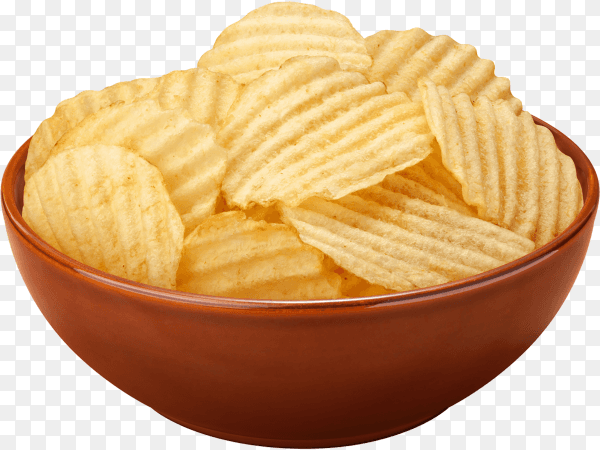 Delicious homemade potato chips on a brown plate on transparent background PNG