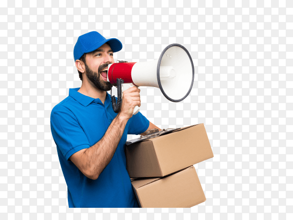 Delivery man with beard over isolated wall shouting through a megaphone on transparent background PNG