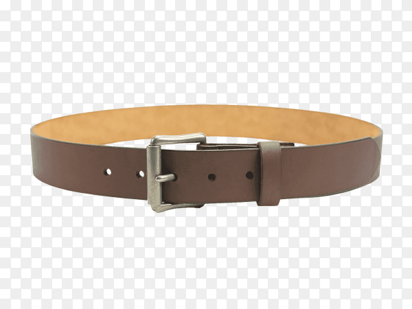 Fastened fashionable men's brown leather belt with dark matted metal buckle isolated on transparent background PNG