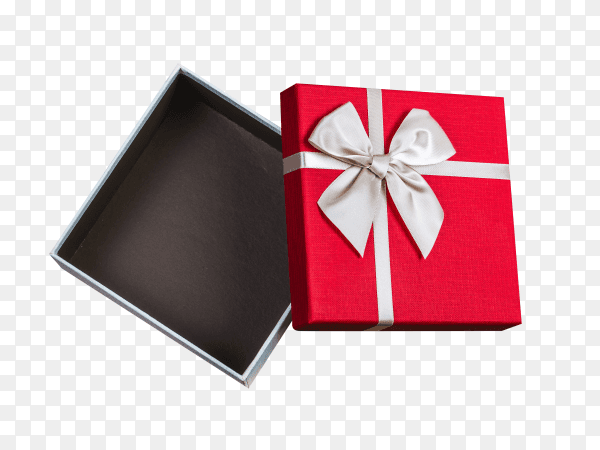 Gift box tied red ribbon with small red hearts printed on it on transparent background PNG