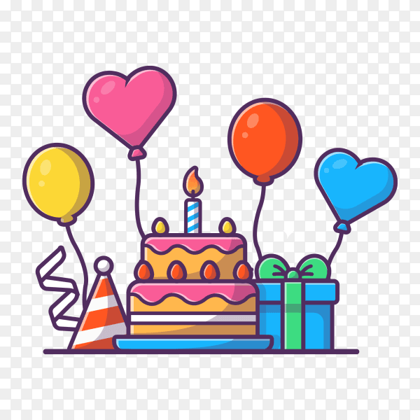 Gifts box with birthday cake party vector illustration on transparent background PNG