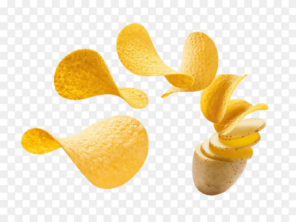 Raw potato turning into flying potato chips isolated on transparent background PNG