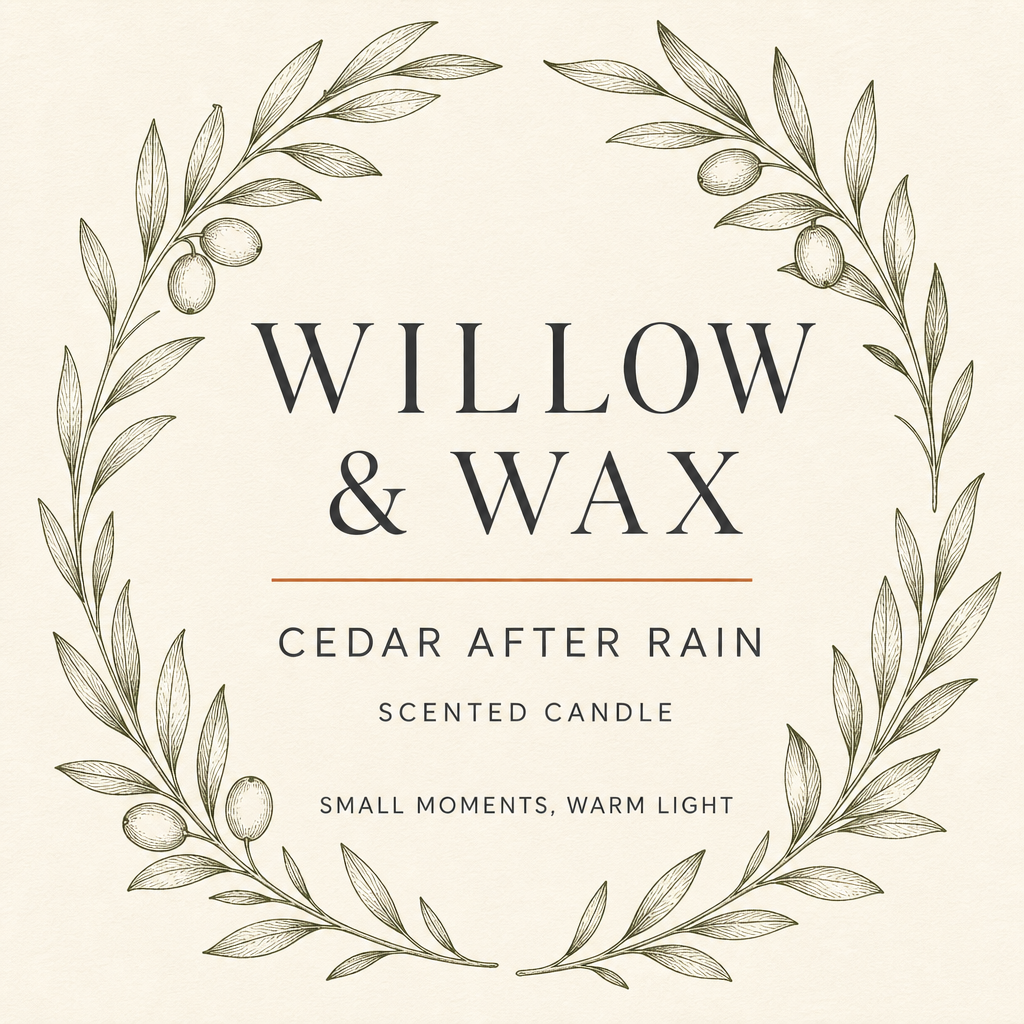 Flat ivory candle label concept with olive botanical line art, charcoal lettering and a subtle clay accent.