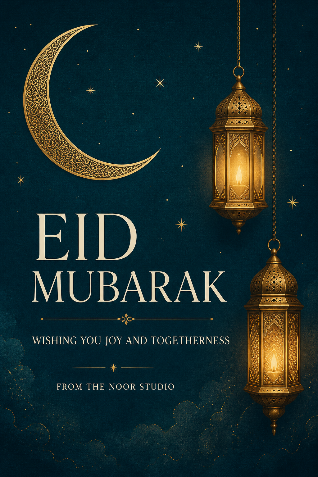 Deep-teal Eid greeting with an original gold crescent, glowing illustrated lanterns and ivory English lettering.