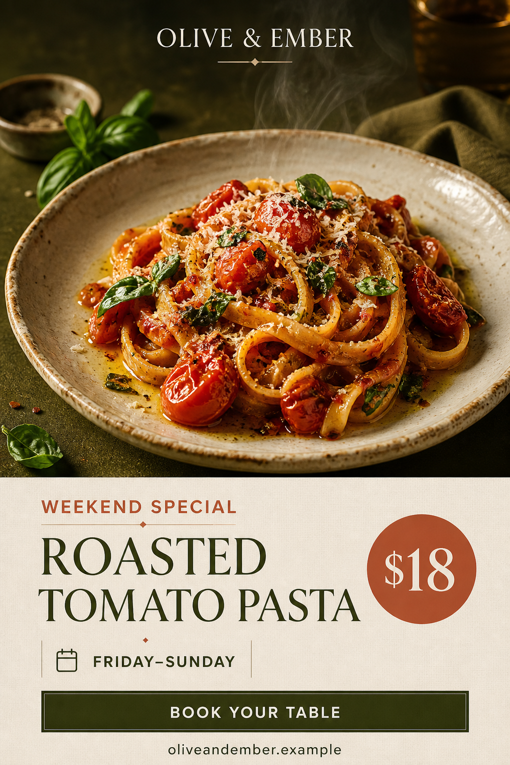 Restaurant promotion featuring roasted-tomato pasta, cream and olive typography and an $18 weekend offer.