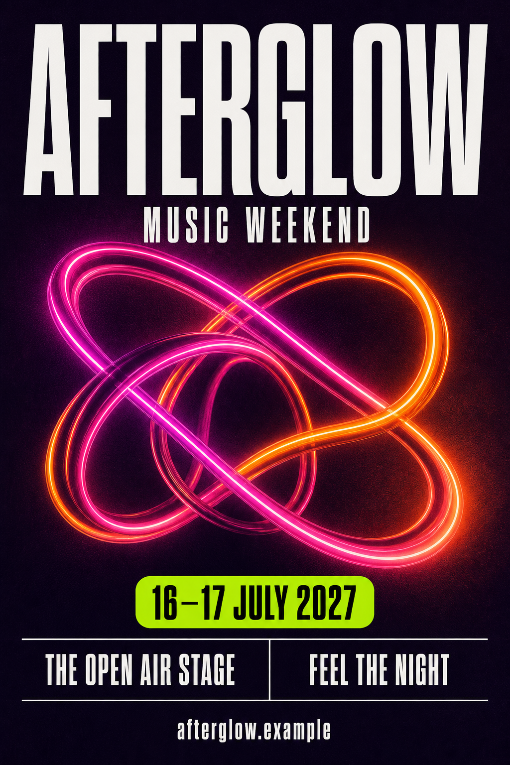 Dark festival flyer with looping neon light sculpture, oversized white lettering and a lime date chip.