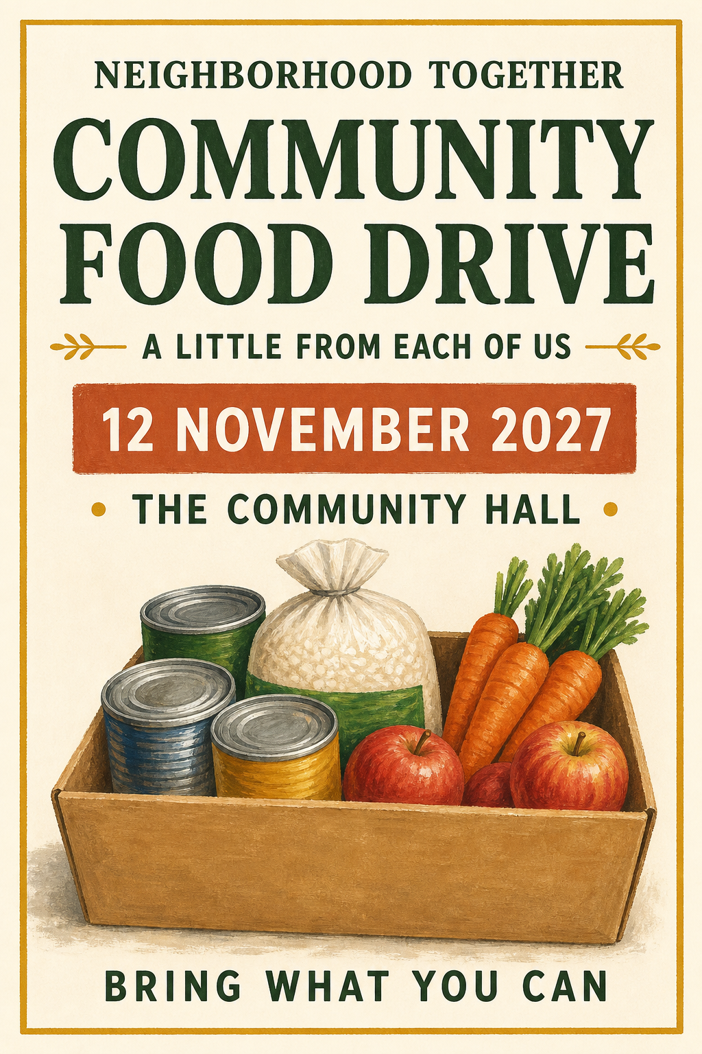 Cream and forest-green food-drive poster with an illustrated box of unbranded groceries and a clear event date.
