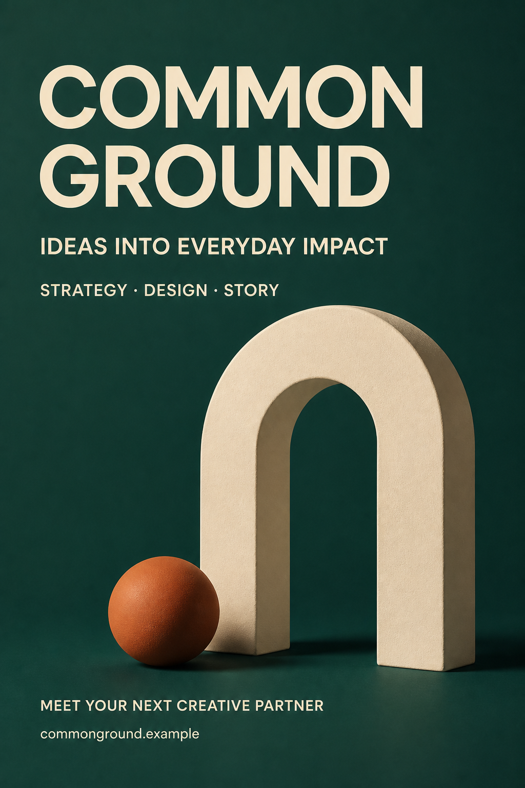 Petrol-green agency brochure cover with cream typography, an architectural arch and a burnt-orange accent sphere.