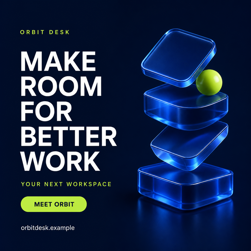 Navy SaaS launch graphic with translucent cobalt tile sculptures, lime accents and a bold white headline.