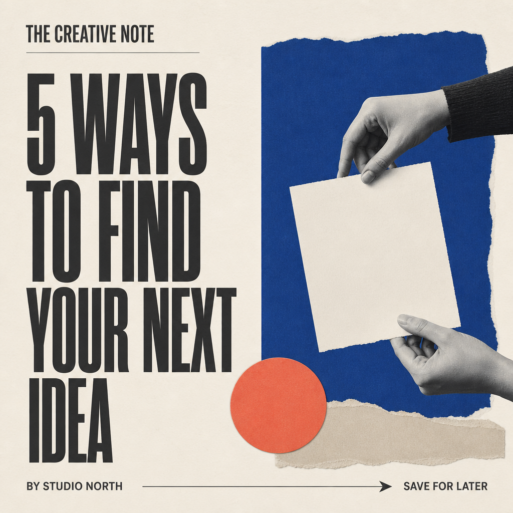 Square editorial social cover with cobalt and coral paper collage and a large five-ideas headline.