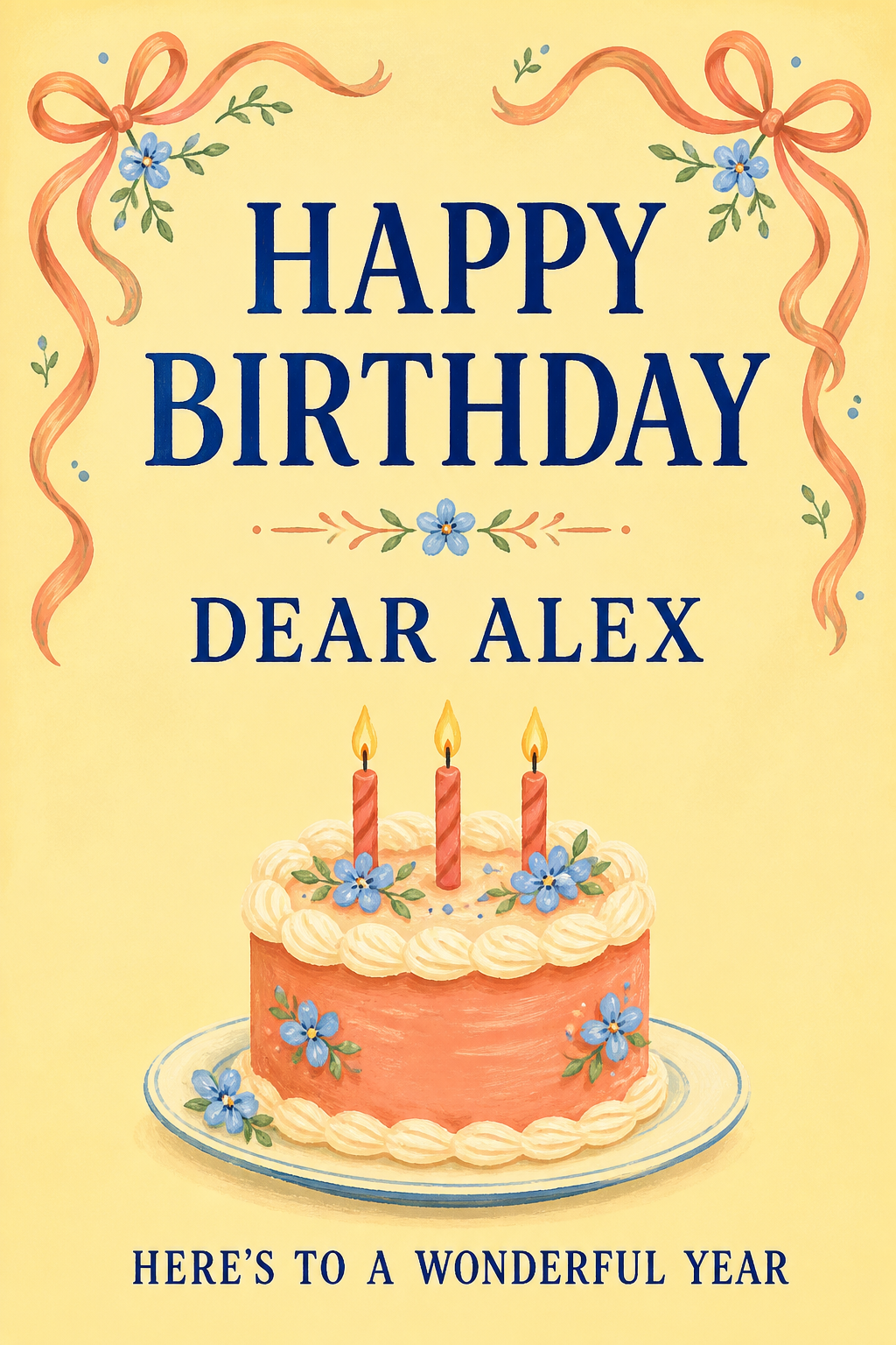 Butter-yellow birthday card with a coral illustrated cake, cobalt greeting and playful painted ribbons.