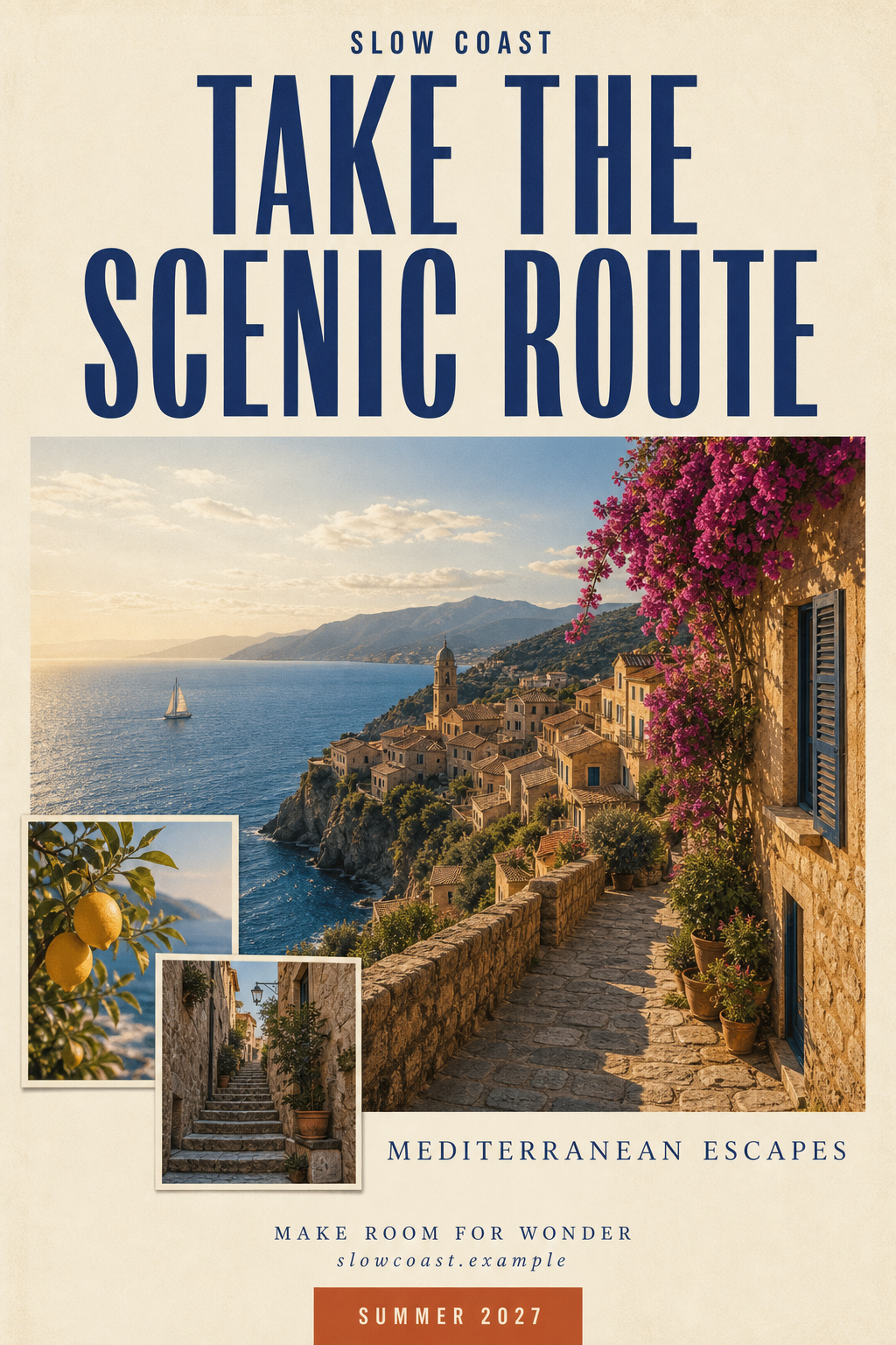 Mediterranean travel poster with bold navy Scenic Route typography, a sunlit coastal village, two inset photographs and a terracotta Summer 2027 label.