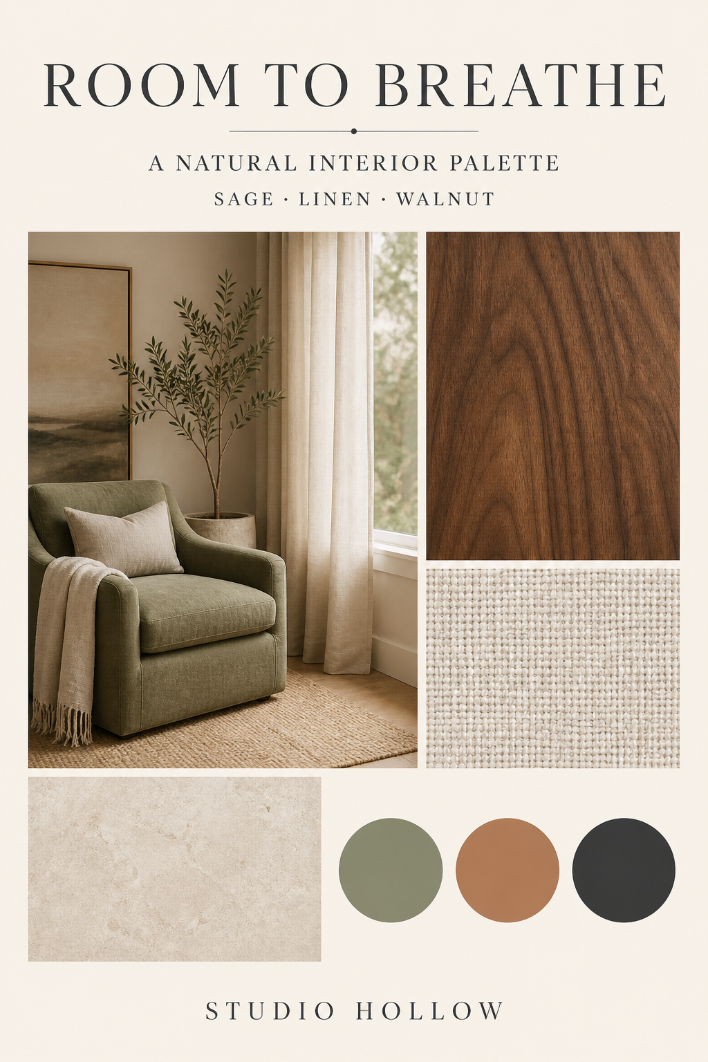 Editorial interior moodboard with a sage armchair scene, walnut, linen and stone textures and three muted color swatches.