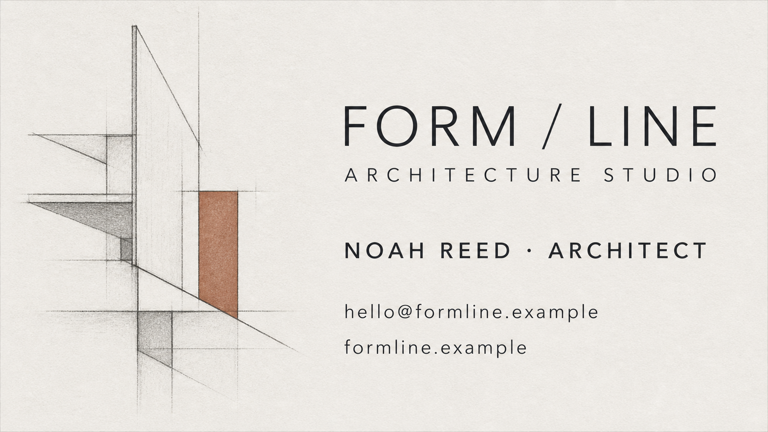 Flat architectural business card with graphite line art, clay accent and a restrained fictional contact block.