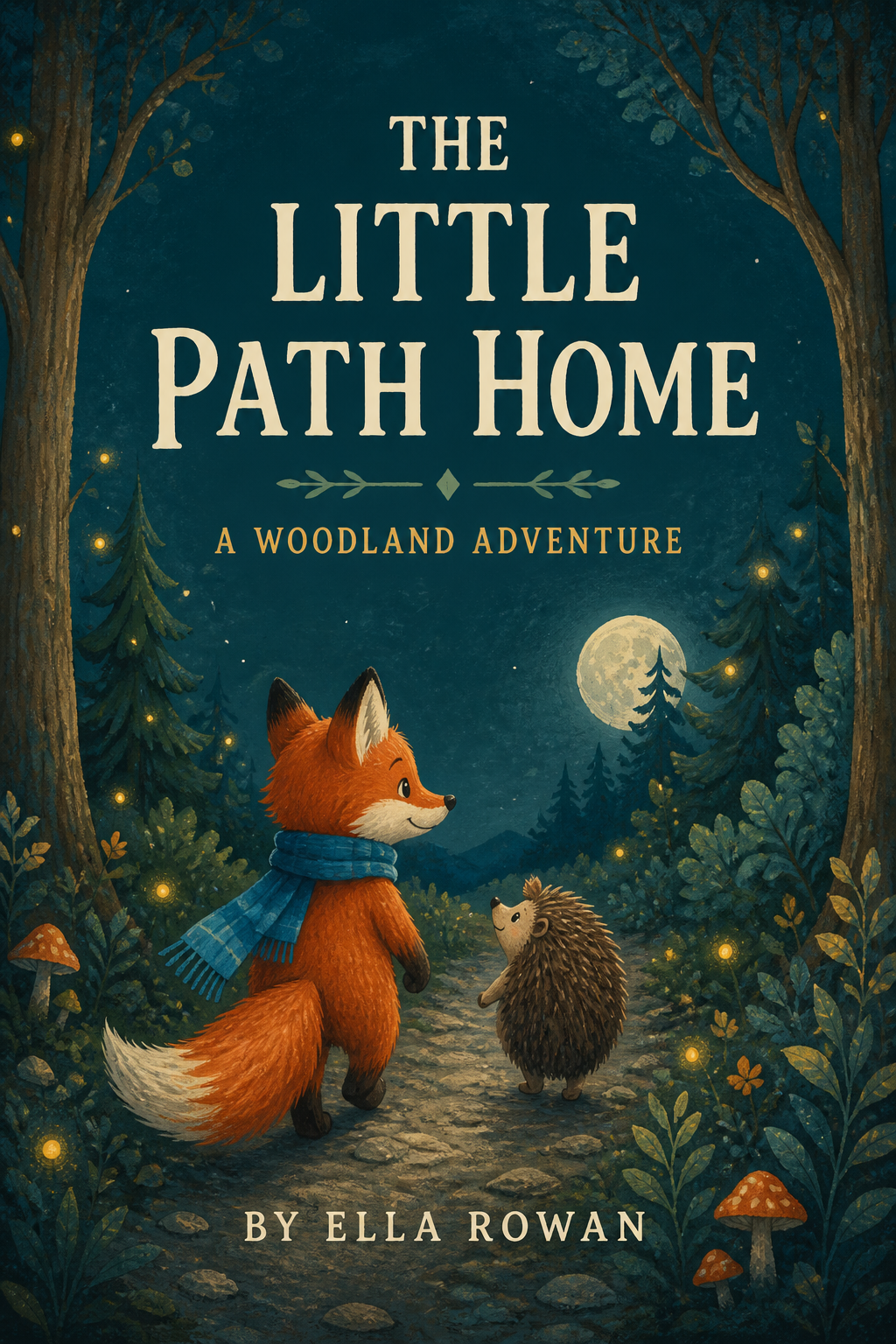 Gouache storybook cover showing an original fox and hedgehog on a moonlit forest path with cream title lettering.