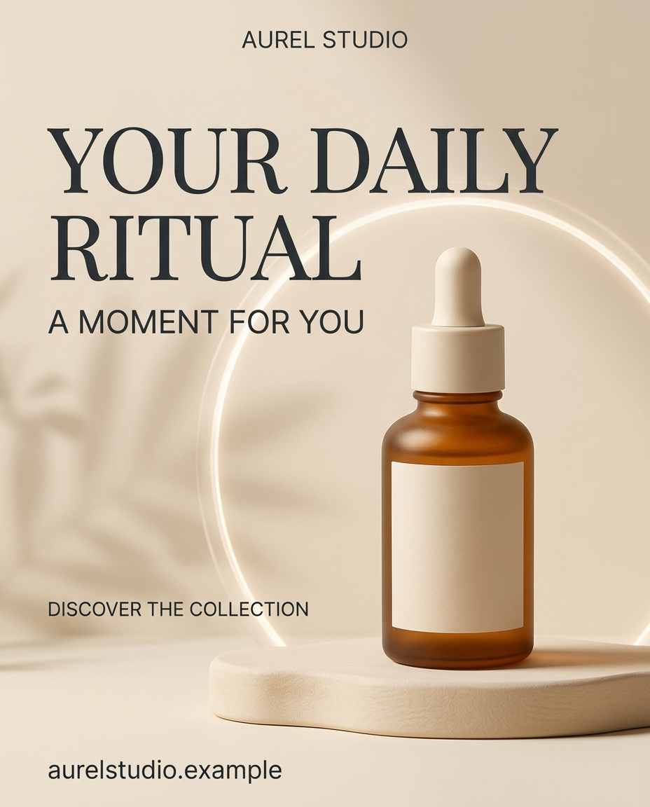 Warm ivory skincare advertisement with an amber serum bottle, sculptural plinth, luminous arc and Your Daily Ritual headline.