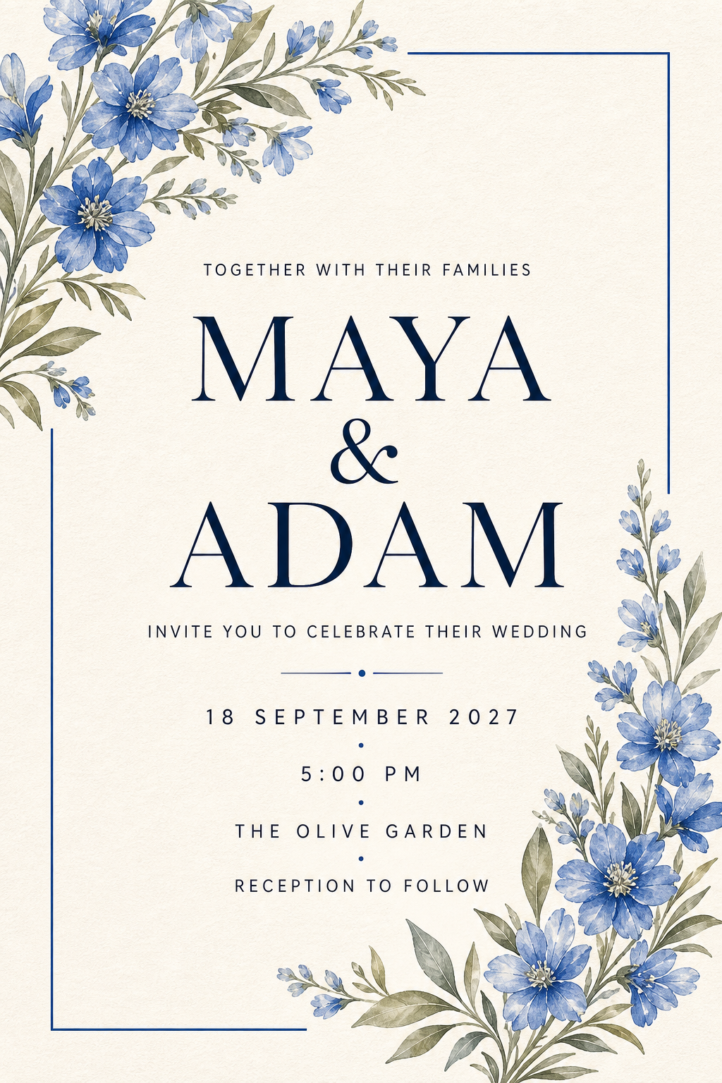 Ivory wedding invitation with blue watercolor flowers, navy Maya and Adam lettering, a September 2027 date and a fine blue border.