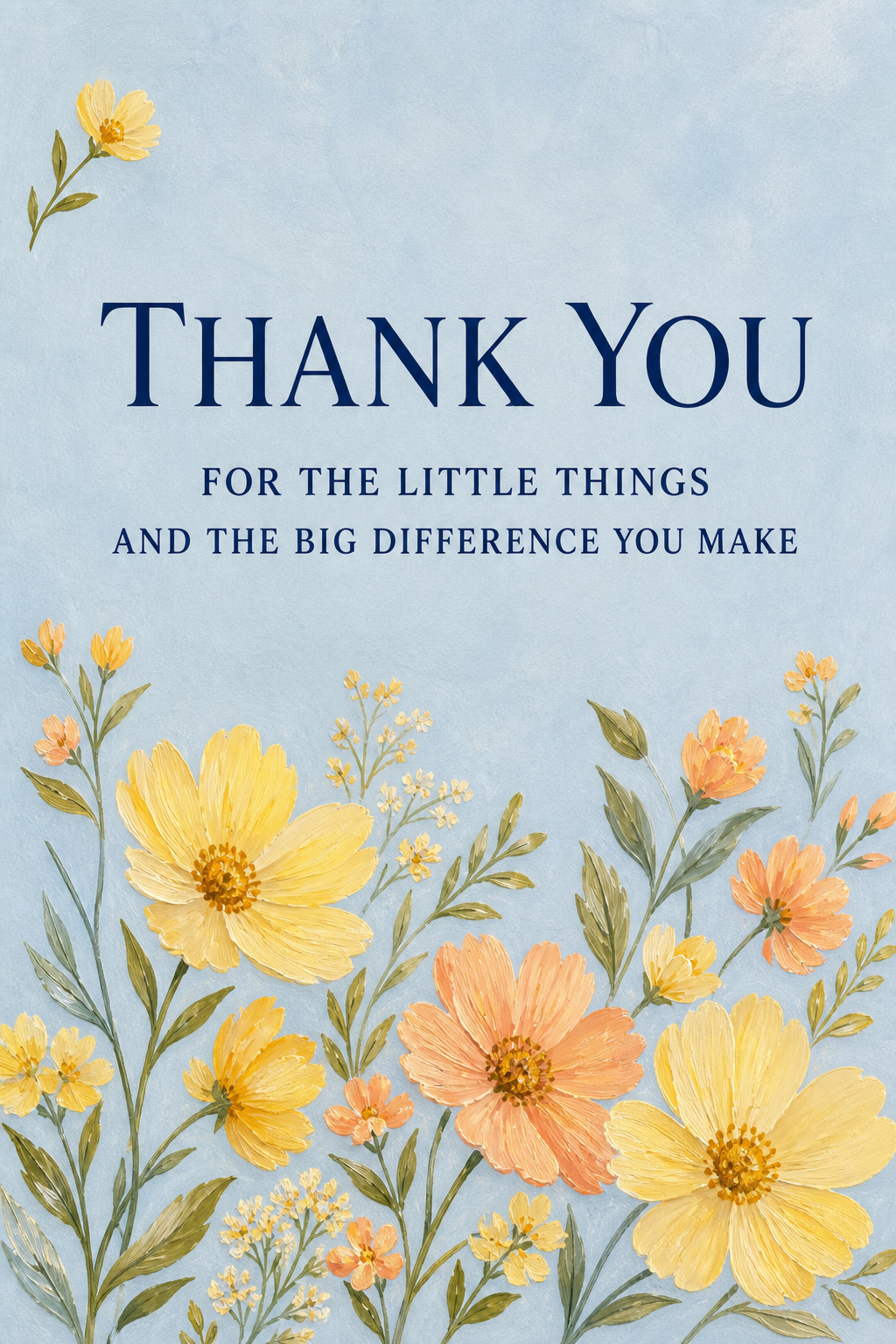 Powder-blue thank-you card with yellow and apricot gouache flowers and navy editorial lettering.