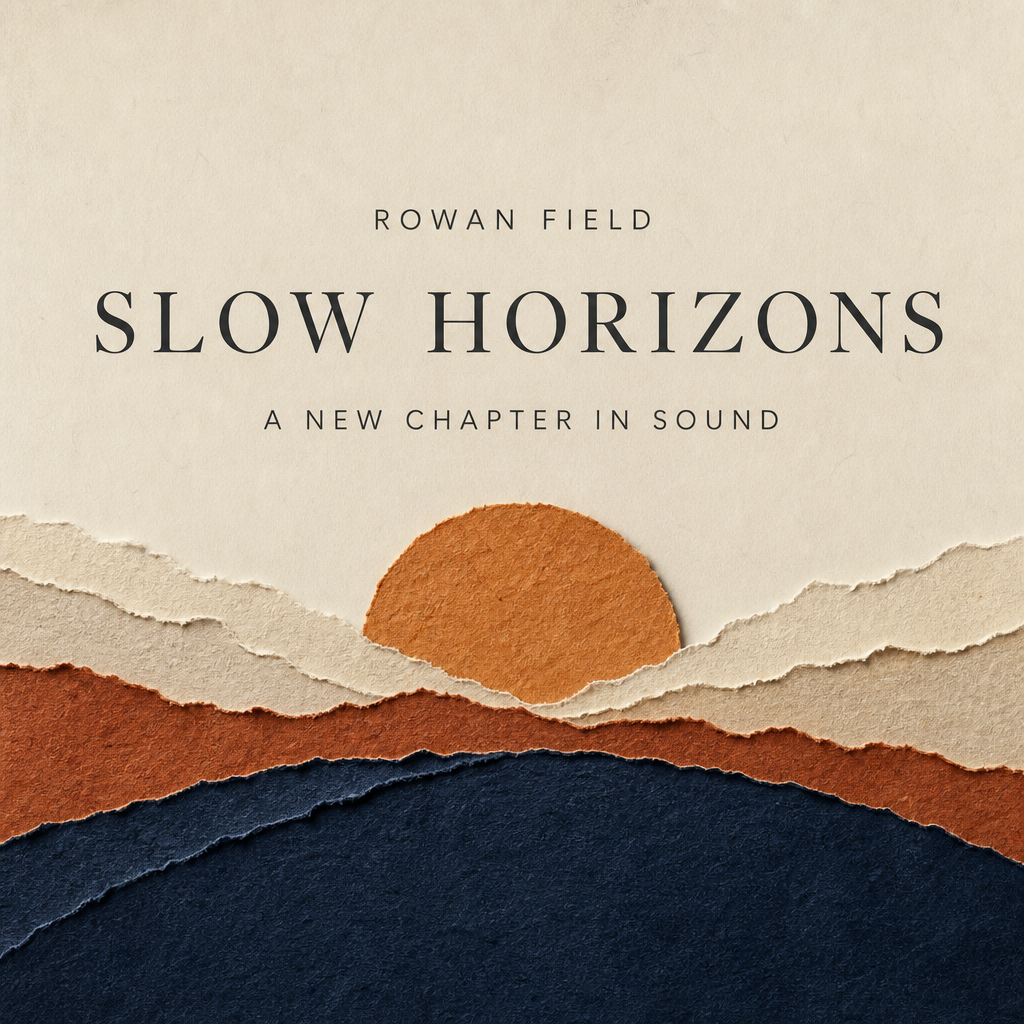 Indie album cover with layered indigo, rust and cream paper relief and restrained editorial lettering.