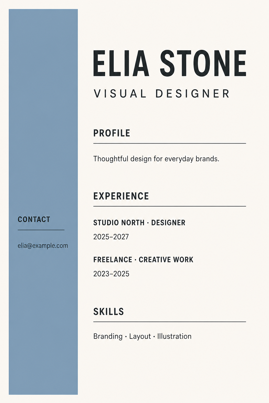 Minimal resume concept with a muted-blue sidebar, clear charcoal headings and short fictional sample details.