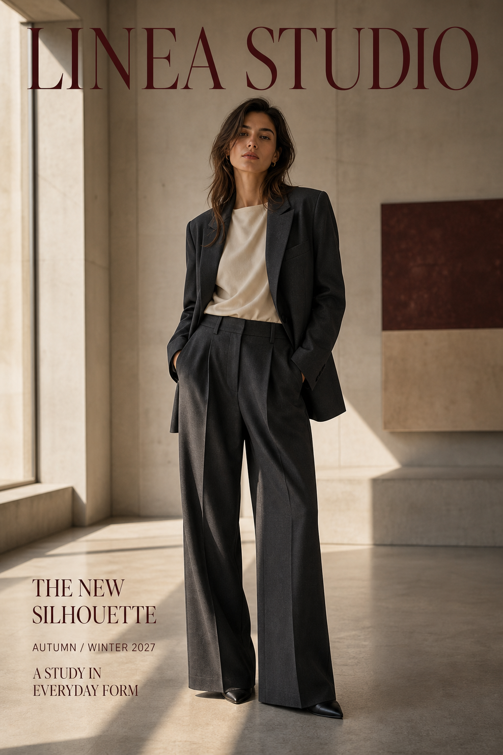 Fashion lookbook cover with a fictional adult model in tailored charcoal clothing and oxblood editorial type.