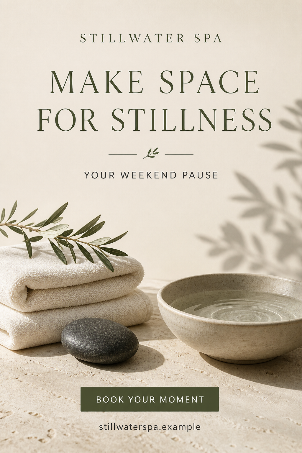 Sage and ivory spa poster with folded towels, a stone and soft botanical shadows beneath elegant lettering.