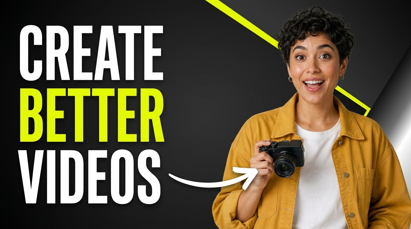 Bold black and yellow YouTube thumbnail with a curly-haired creator holding a camera and Create Better Videos headline.