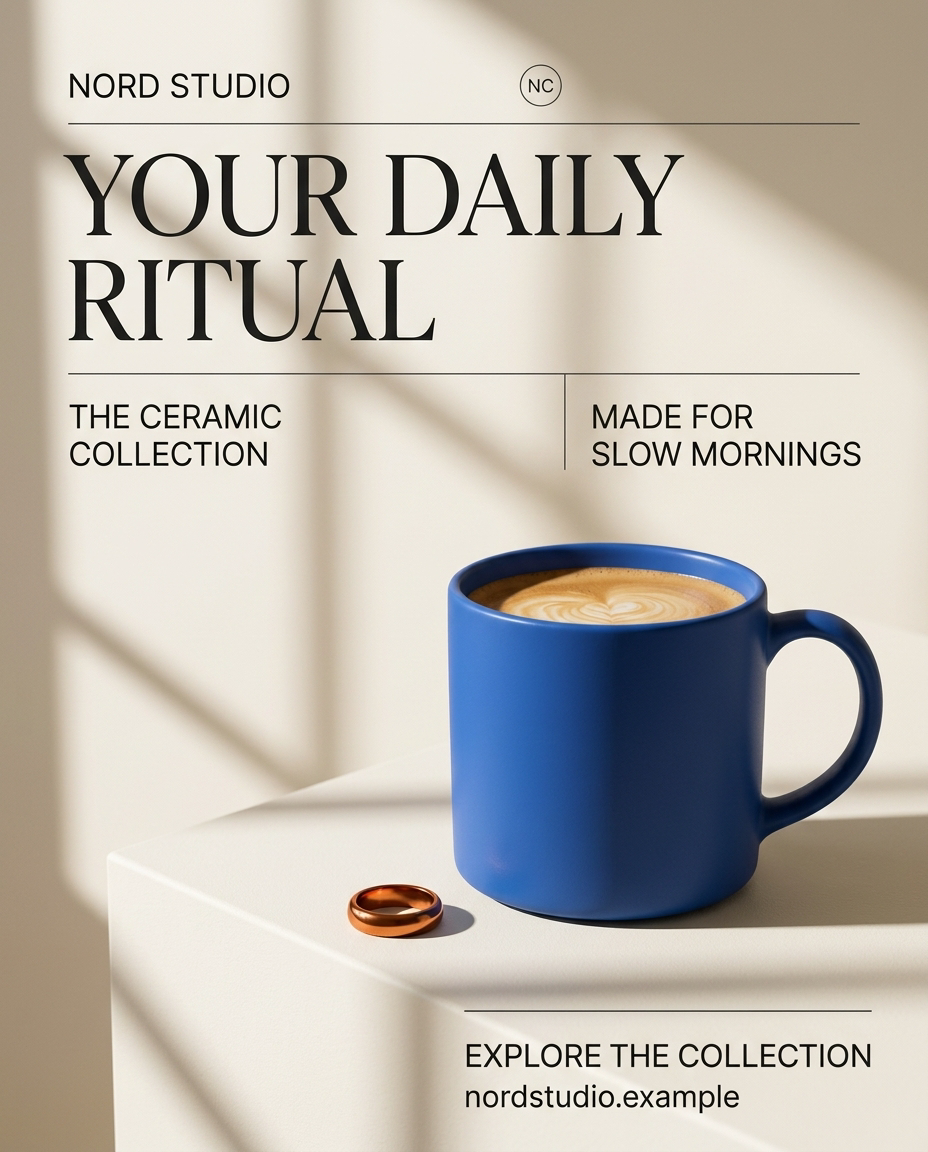 Premium ceramic product campaign with a cobalt mug, ivory background and editorial typography.