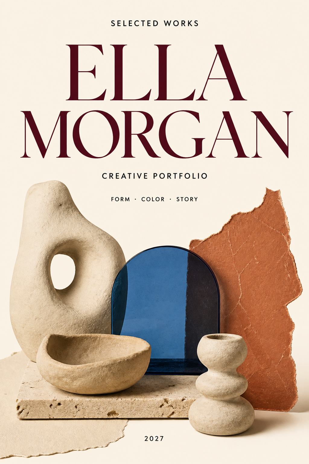 Cream portfolio cover with oxblood editorial type and a collage of original clay, glass and paper forms.