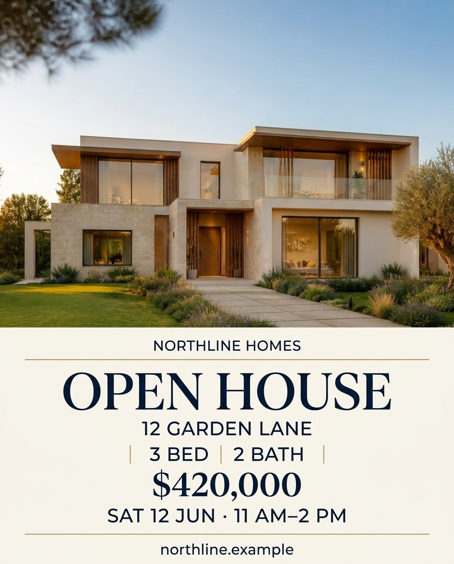Modern open-house flyer with a contemporary home, ivory panel, navy lettering and clearly arranged listing details.