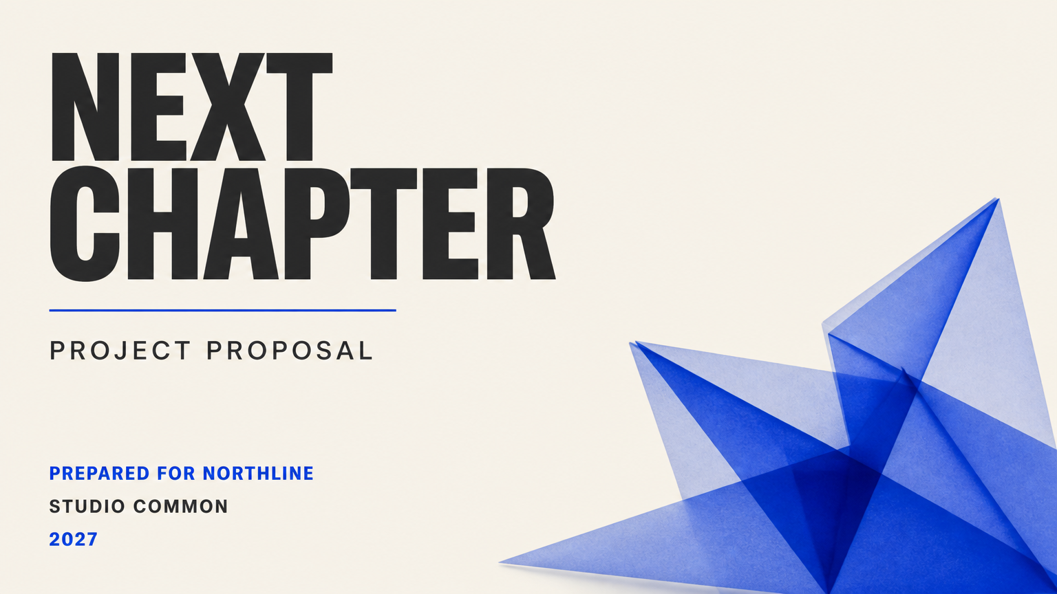 Bold ivory proposal cover with large charcoal type, cobalt folded-paper sculpture and an orderly client block.