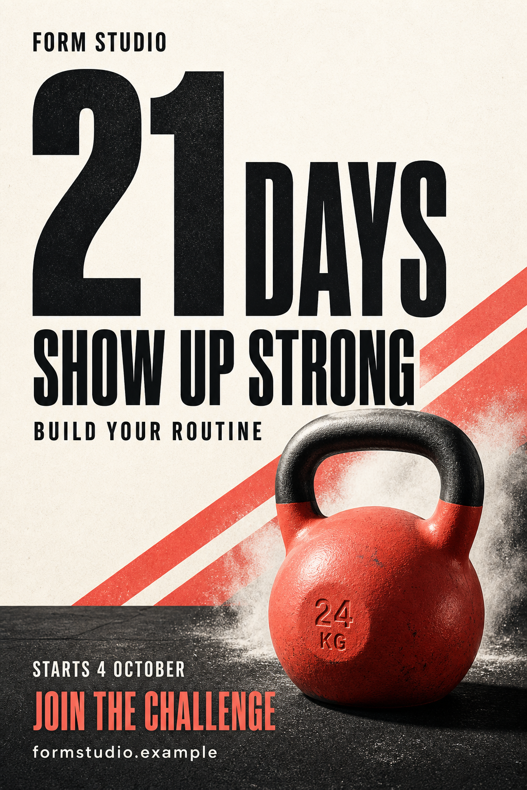 Bold Form Studio fitness poster with a large 21 Days headline, coral kettlebell, ivory background and October challenge details.