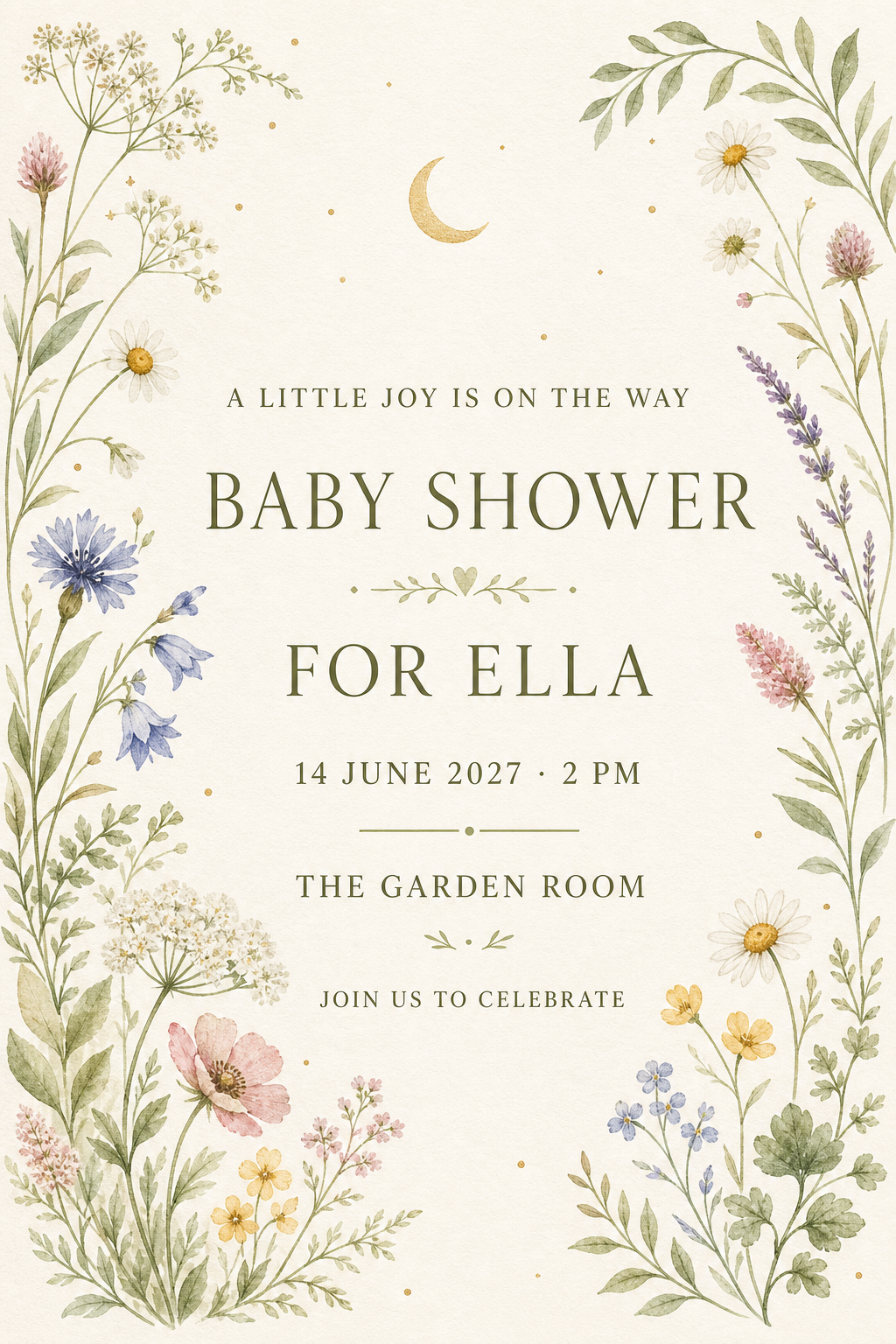 Ivory baby-shower invitation framed by delicate watercolor meadow flowers with olive lettering.