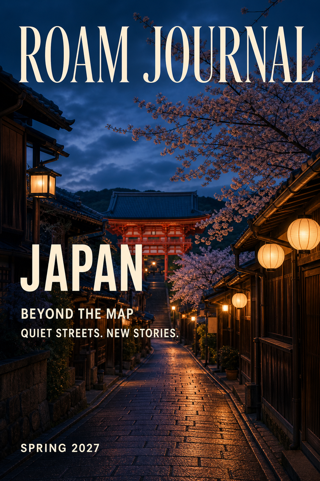 Editorial Japan travel cover with a lantern-lit lane, distant red gate and bold ivory destination type.