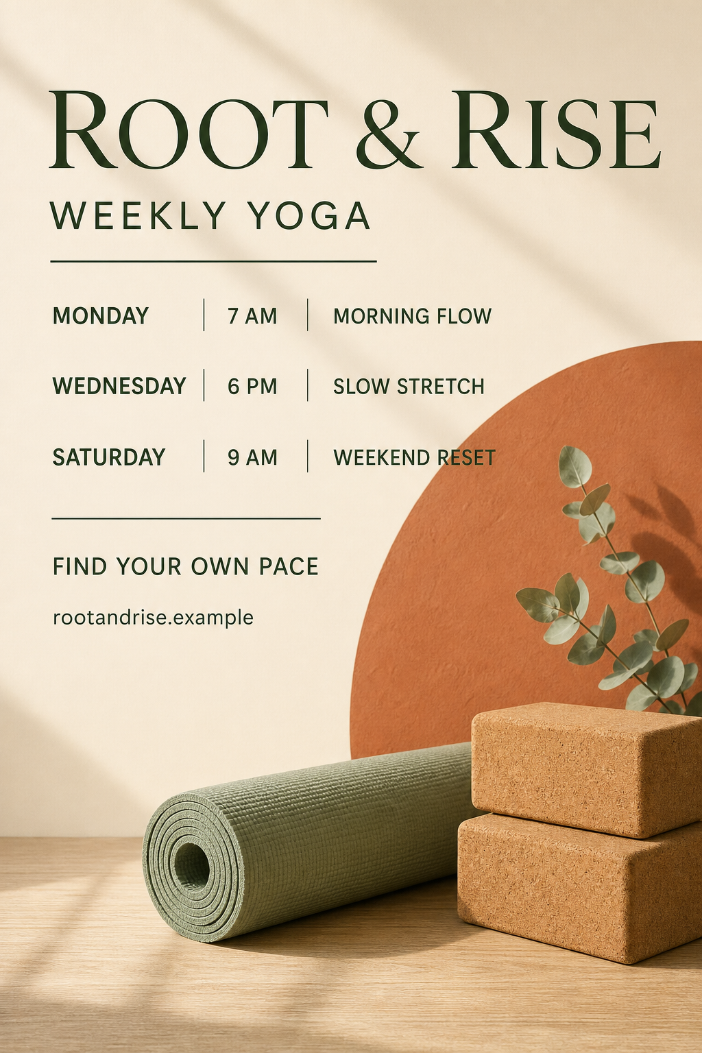 Ivory and sage yoga schedule with three class rows, a terracotta accent and rolled mat still life.