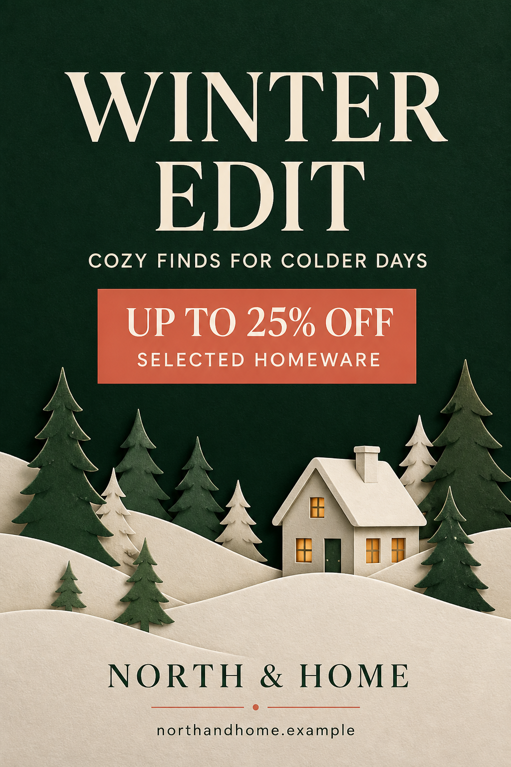 Forest-green holiday sale poster with layered paper-cut snowy trees, a cottage and a coral offer panel.
