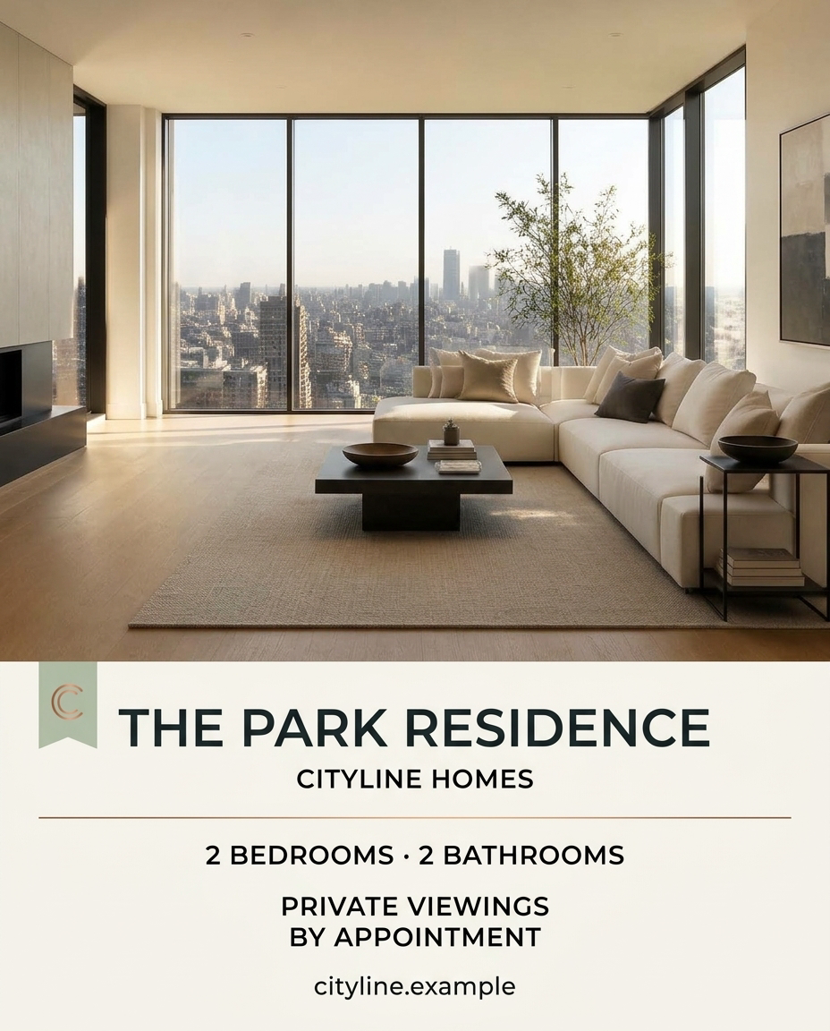 Minimal apartment listing flyer with a bright interior photograph, ivory information panel and copper accents.