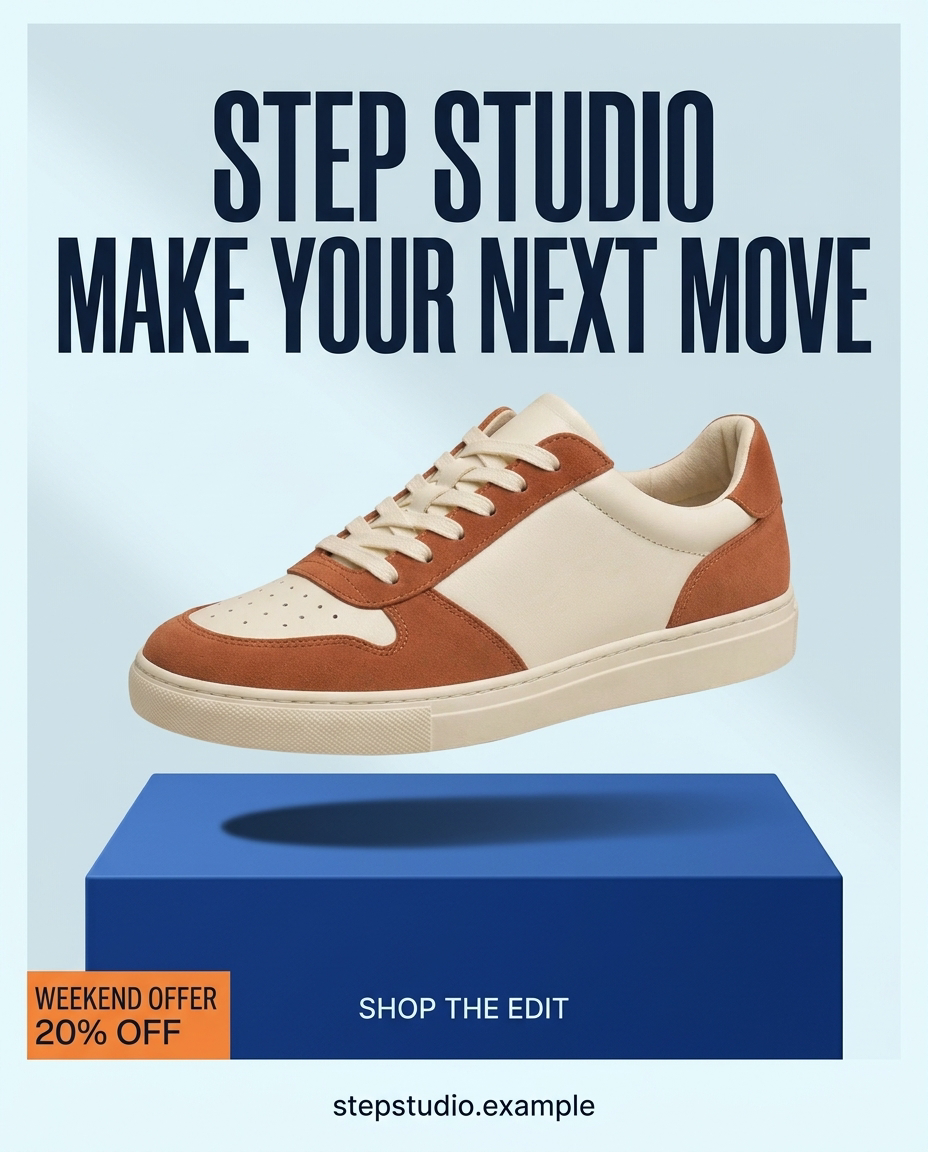 Clean sneaker sale campaign with a hero shoe above a cobalt plinth and an orange offer accent.
