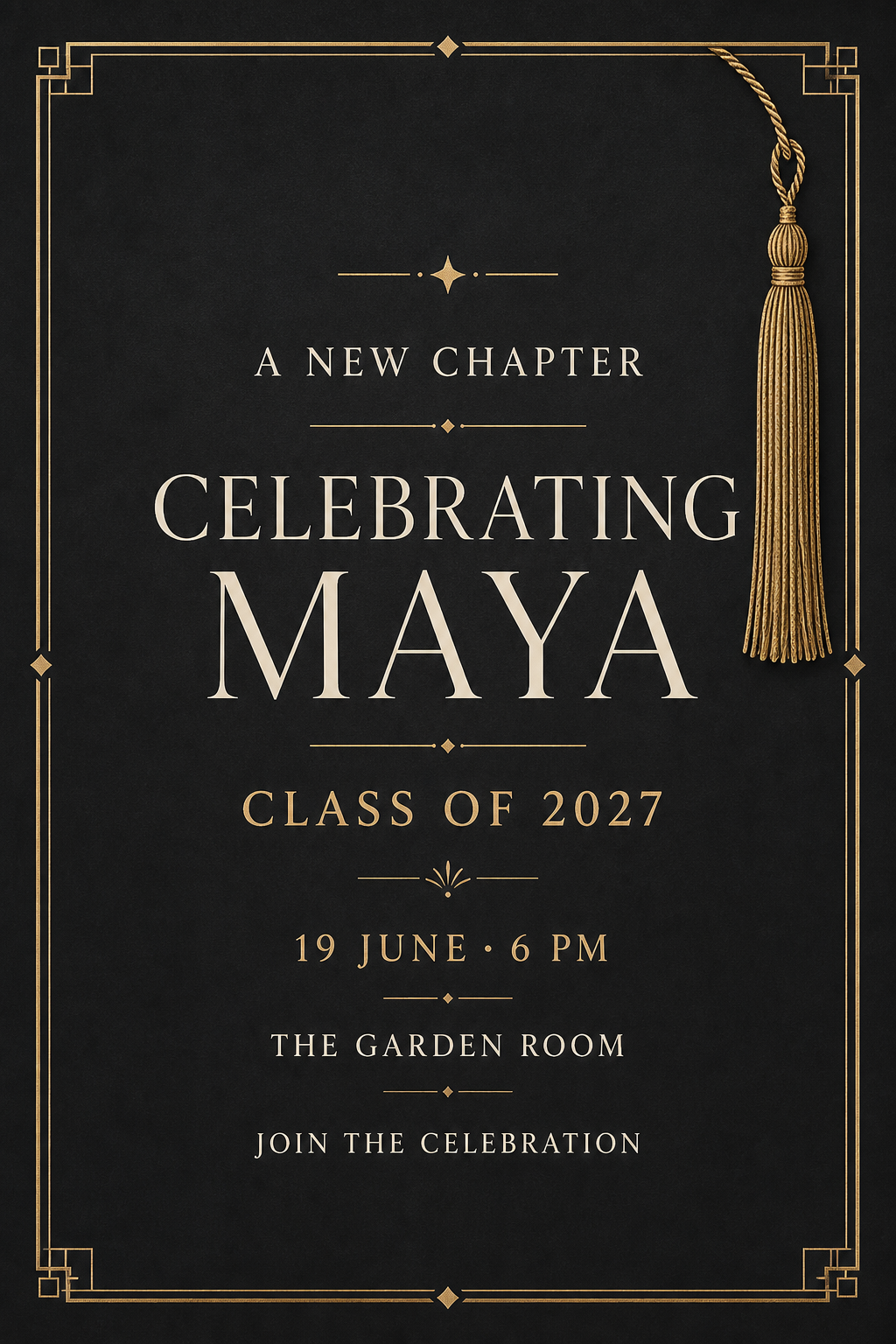 Charcoal graduation-party invitation with ivory name lettering, champagne-gold border and a delicate tassel illustration.