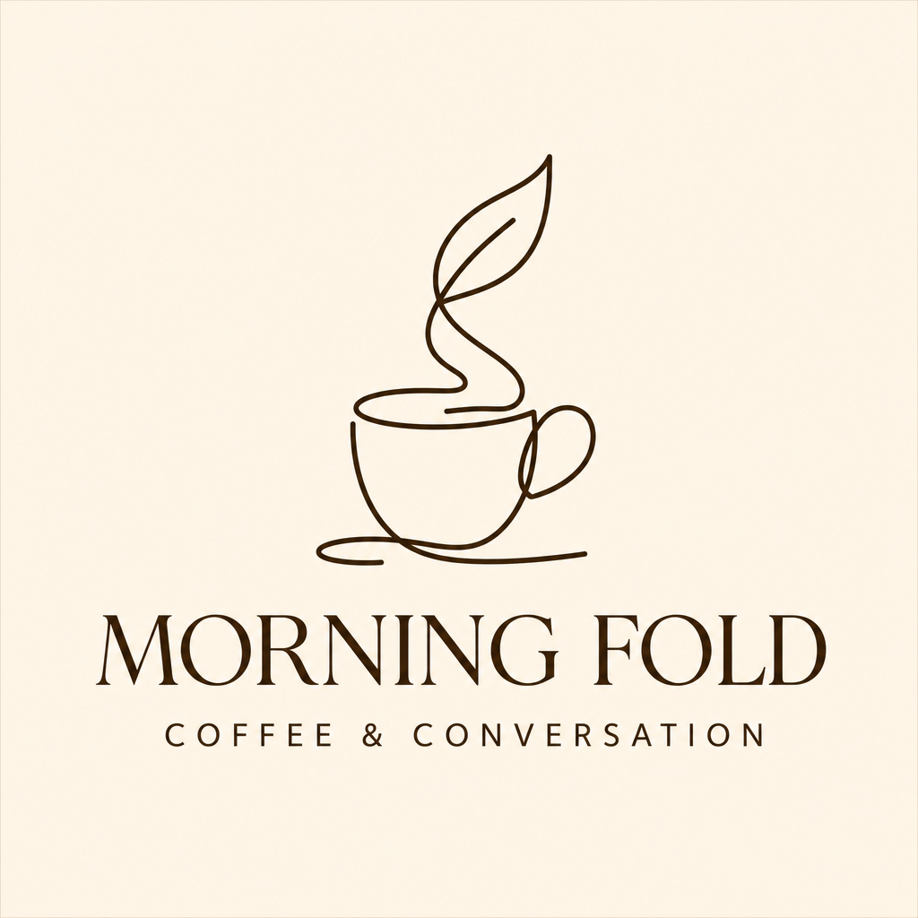 Cream cafe logo concept with an original espresso-brown cup-and-leaf line drawing and a serif wordmark.
