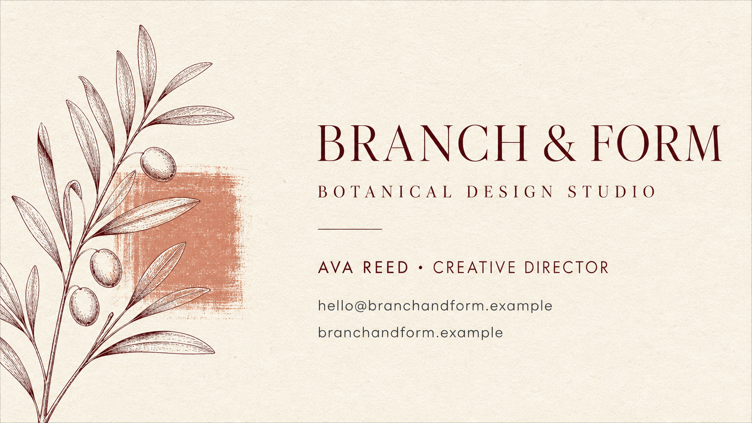 Flat ivory business card with oxblood olive-branch line art, Branch and Form studio lettering and a clear fictional contact block.