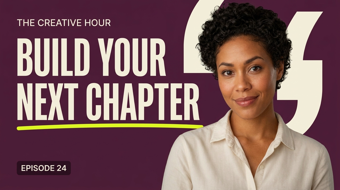 Plum and ivory podcast thumbnail with a host portrait, bold topic headline and yellow episode accent.