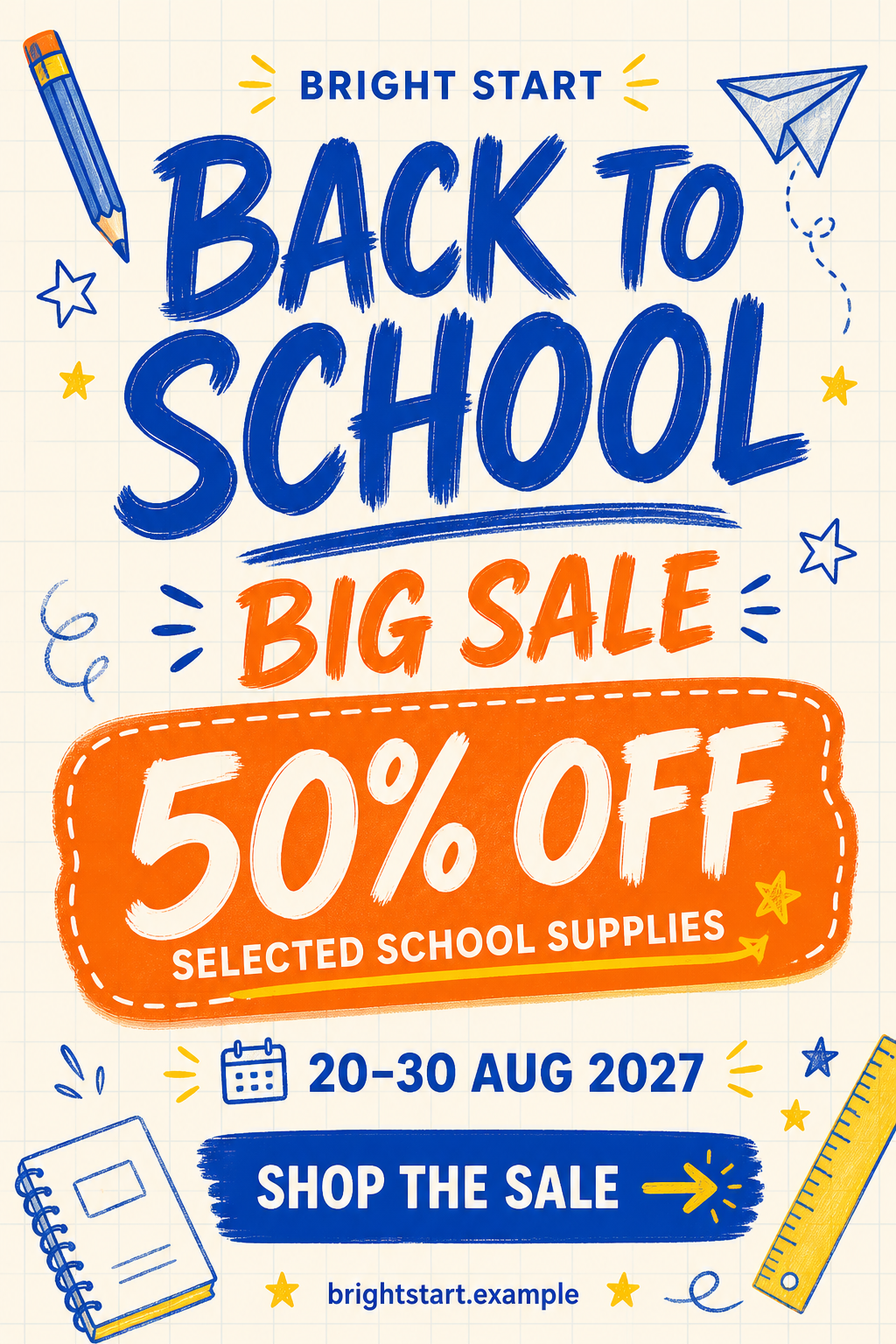 Blue and orange back-to-school sale flyer with stationery drawings, a 50 percent offer and Shop the Sale button on ivory graph paper.