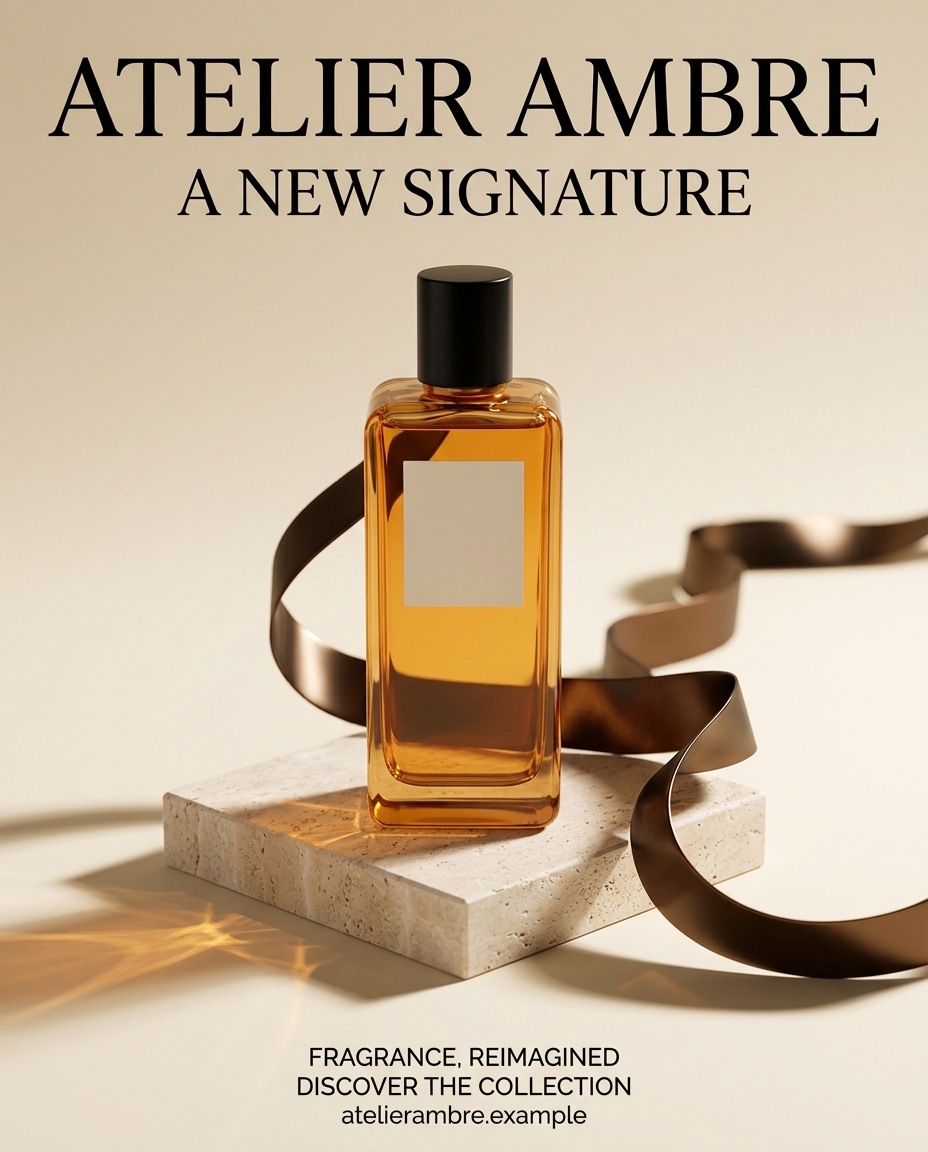 Luxury perfume campaign with a glass bottle on travertine, flowing bronze ribbon and restrained editorial lettering.